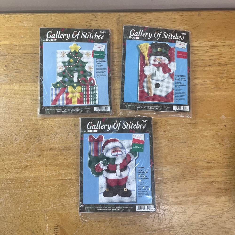 Bucilla Gallery of Stitches Vtg Christmas Light Switch Cover Kits Set of 3 Multi